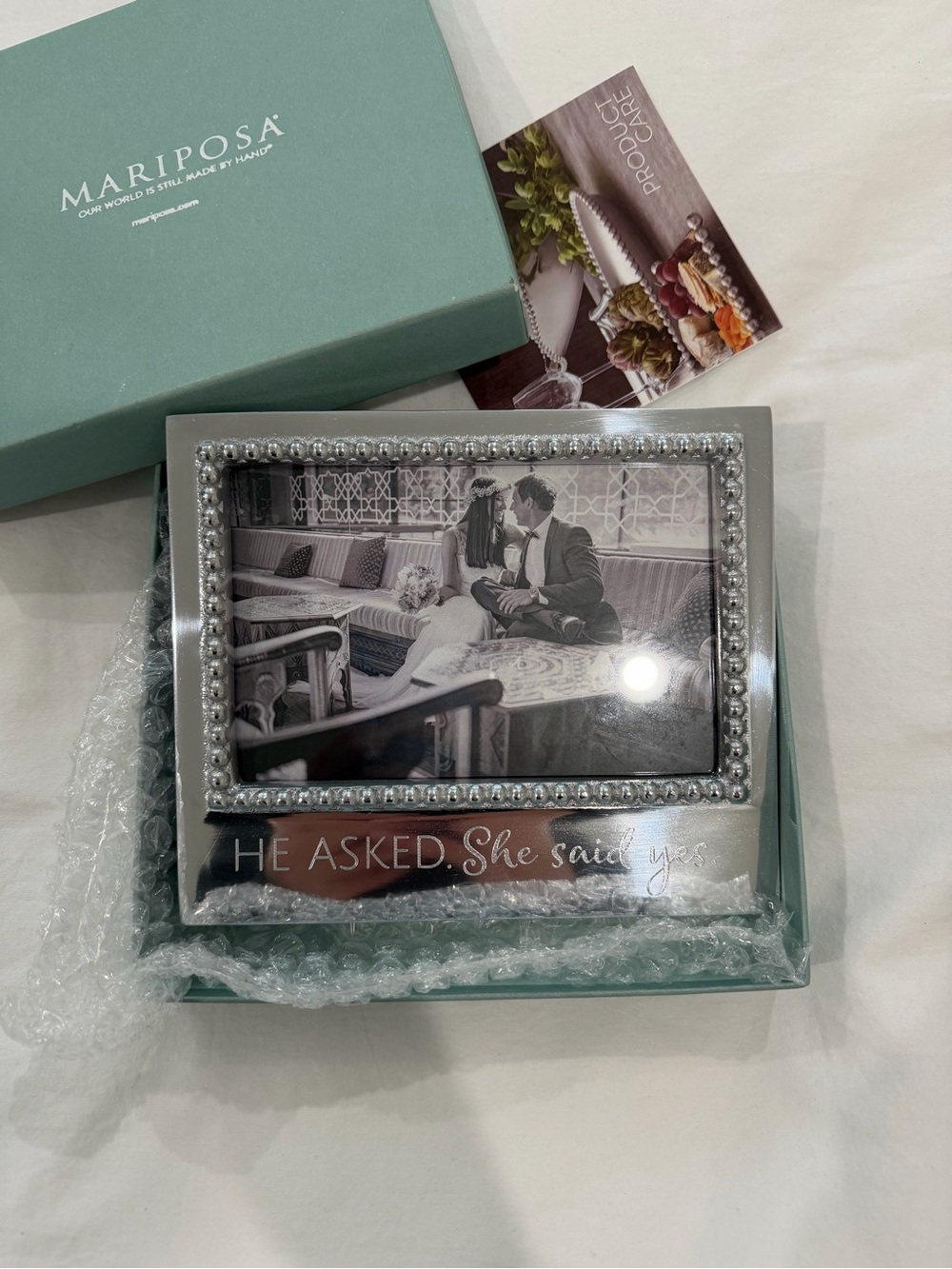 Mariposa Silver Beaded 'He Asked, She Said Yes' Photo Frame